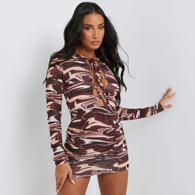 Lace Up Printed Mini Dress In Brown Print Trendy Tie-Dye Mini Dress
