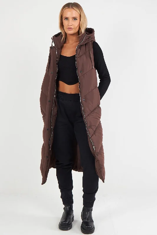 LADIES LONG PADDED HOODED VEST JACKET-CHOCOLATE Nylon Jacket Polyester Jacket Spandex Jacket