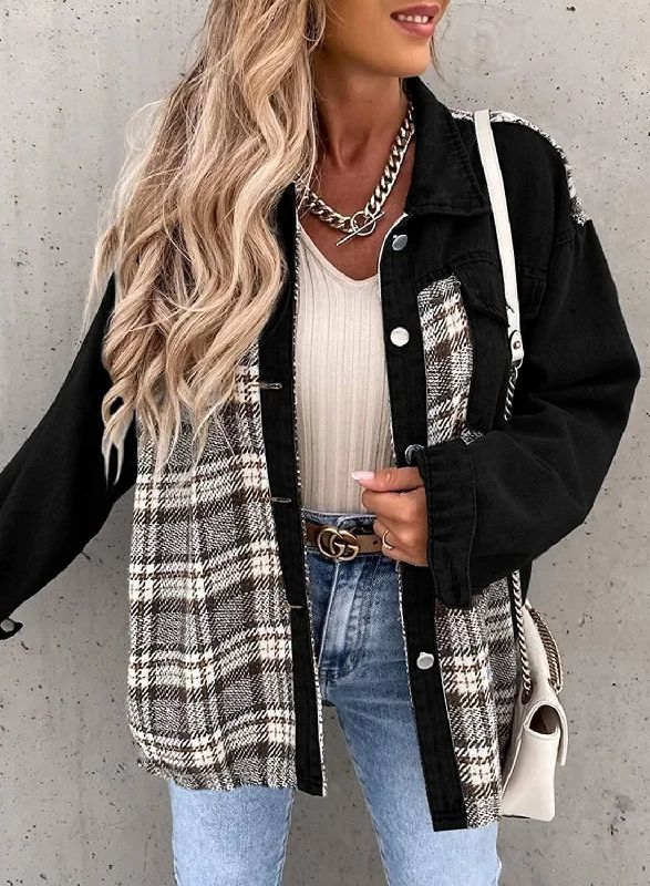 Long-Sleeved Plaid Button-Down Shirt Jacket Zippered Front Buttoned Front Snap Front