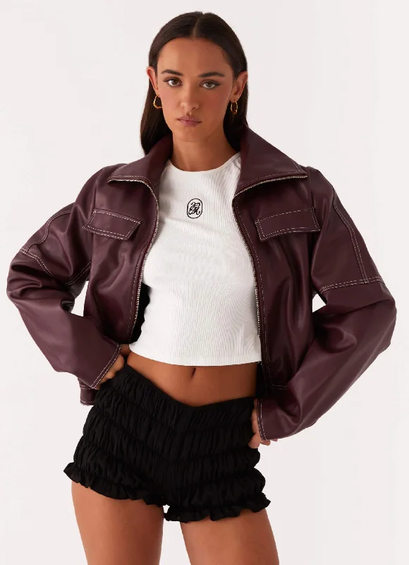 Meant To Be PU Boxy Jacket - Wine Knit Jacket Woven Jacket Fleece Jacket