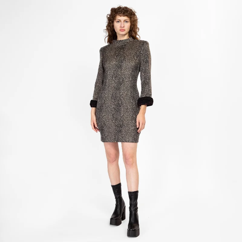 Med-Lrg 90s Snakeskin Faux Fur Trim Bodycon Mini Dress Cozy Sweater Mini Dress