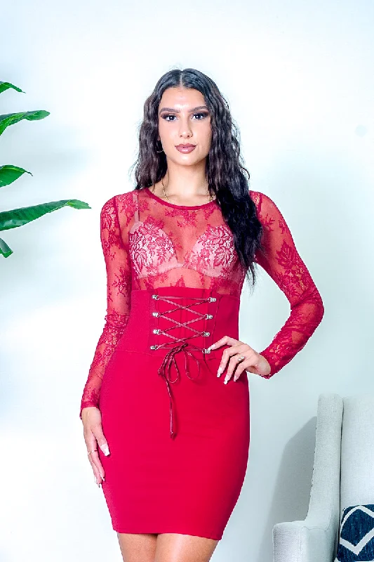 Floral Lace Empire Waist Long Sleeve Mini Dress with Bustier Style Cinching Leatherette Tie in Red (HD7207) Fashionable Denim Mini Dress Floral Lace Empire Waist Long Sleeve Mini Dress with Bustier Style Cinching Leatherette Tie in Red (HD7207) Fashionable Denim Mini Dress