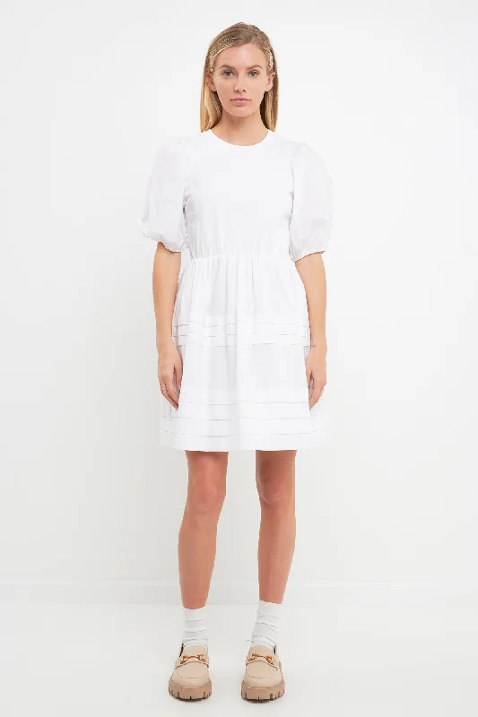 English Factory - Mixed Media Pleats Mini Dress Fashionable Denim Mini Dress