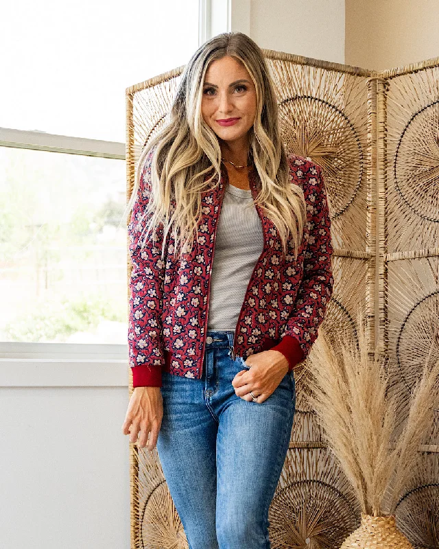 Ampersand Ave Flower Bomb-er Jacket - Wine Satin Fabric Silk Fabric Chiffon Fabric