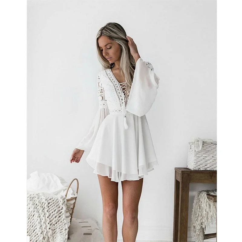 new Girls White Summer Bohemian Mini Dress Women Fashion Spring Solid White Mini Lace Casual Clothes V-neck Long Sleeve Dresses Cozy Ruched Mini Dress