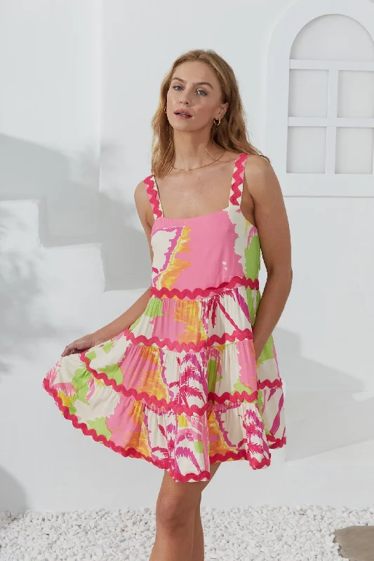 Paradisio Pink Tropical Ric Rac Tiered Mini Dress Trendy Camisole Mini Dress