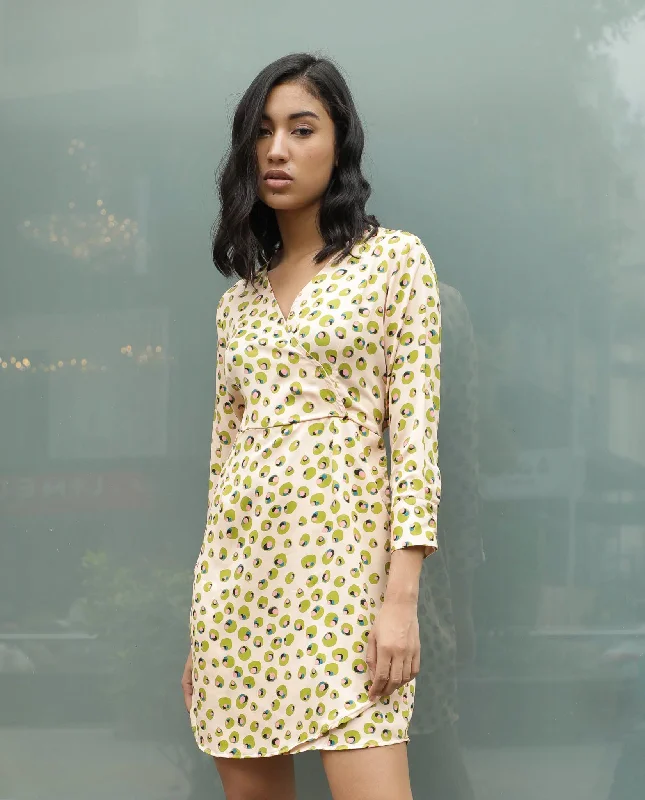 Rareism Women Perk Peach Printed V Wrap Neck Full Sleeves With Cuff And Fabric Waist Belt Mini Dress Stylish Sweetheart Mini Dress