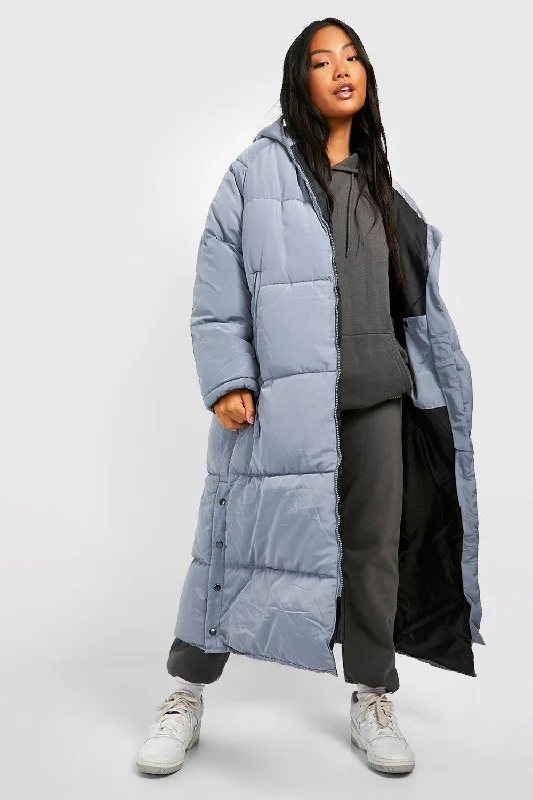 PETITE HOODED LONGLINE PUFFER JACKET-GREY Print Jacket Jacquard Jacket Embroidered Jacket