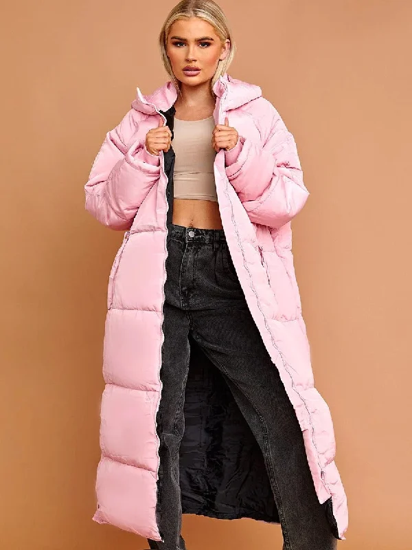 PETITE HOODED LONGLINE PUFFER JACKET-PINK Jacket Blazer Coat