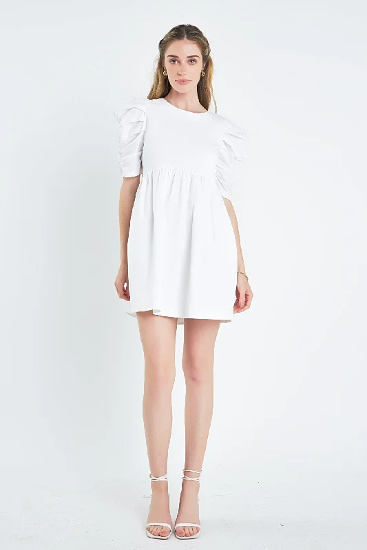 English Factory - Pleated Puff Sleeve Mini Dress Comfortable Off-Shoulder Mini Dress