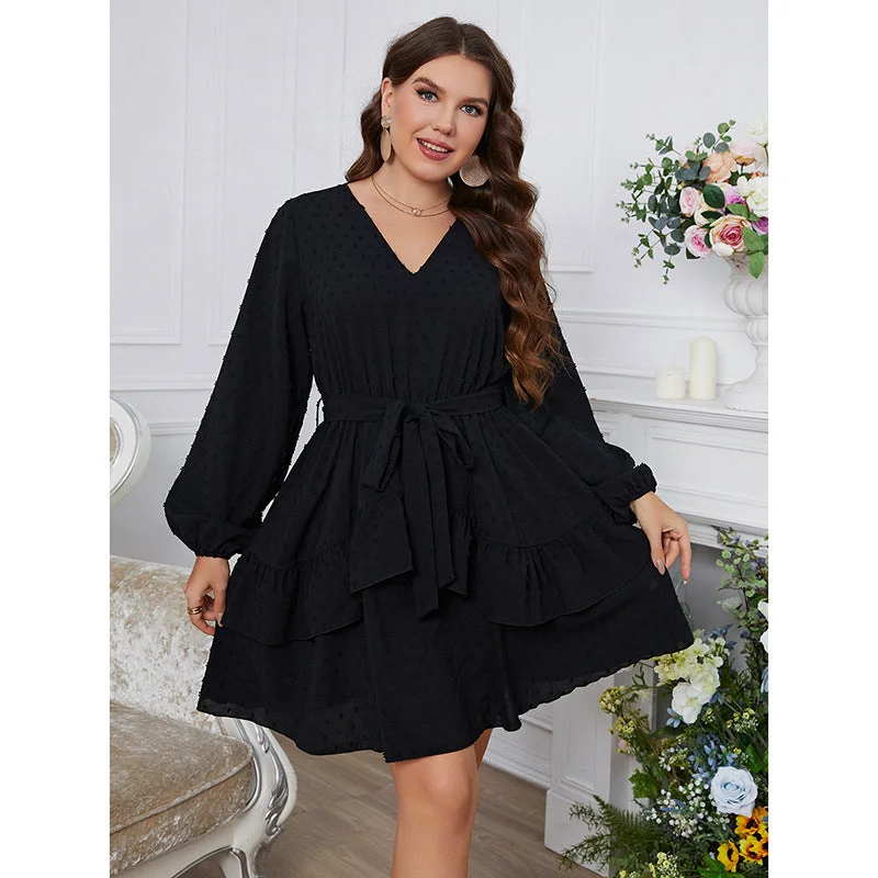 Plus Size Mini Dress Lanther Sleeve Ruffle Nightown Cozy A-Line Mini Dress