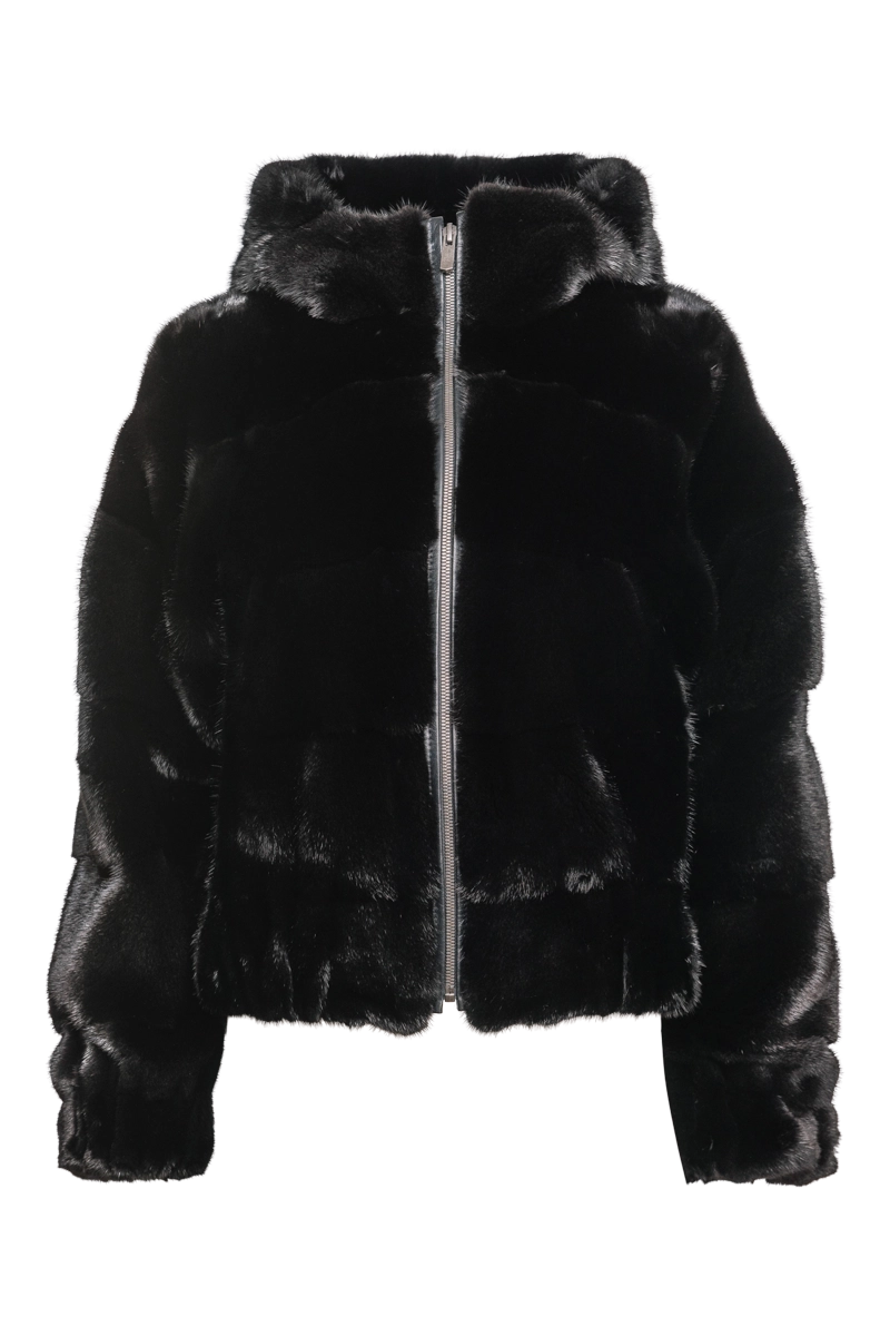 Hooded Horizontal Ranch Mink Fur Bomber Jacket Front Pockets Side Pockets Patch Pockets