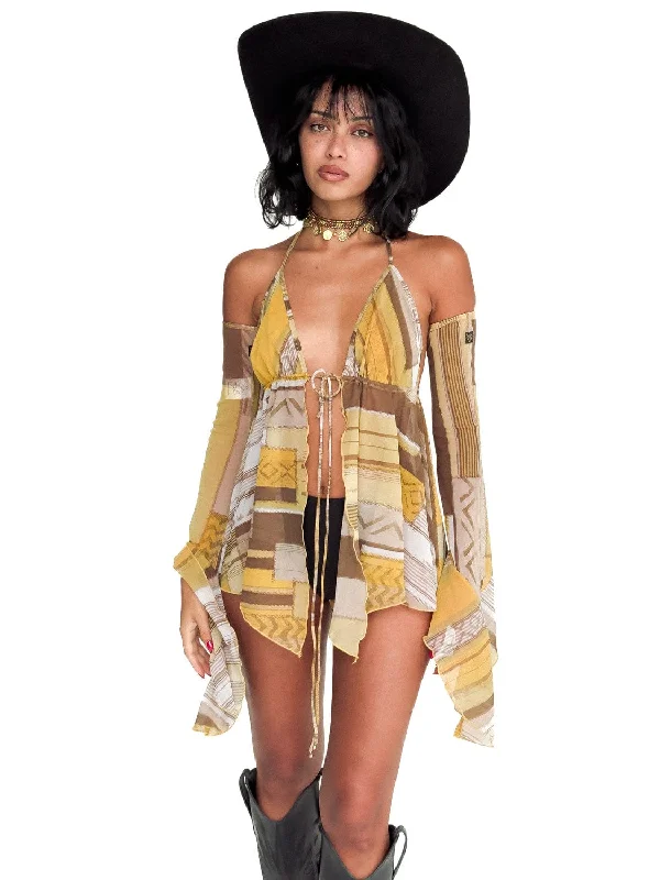 GYPSIE MICRO MINI DRESS & ARMWARMERS - YELLOW/BROWN Fashionable Mini Dress with Pockets GYPSIE MICRO MINI DRESS & ARMWARMERS - YELLOW/BROWN Fashionable Mini Dress with Pockets
