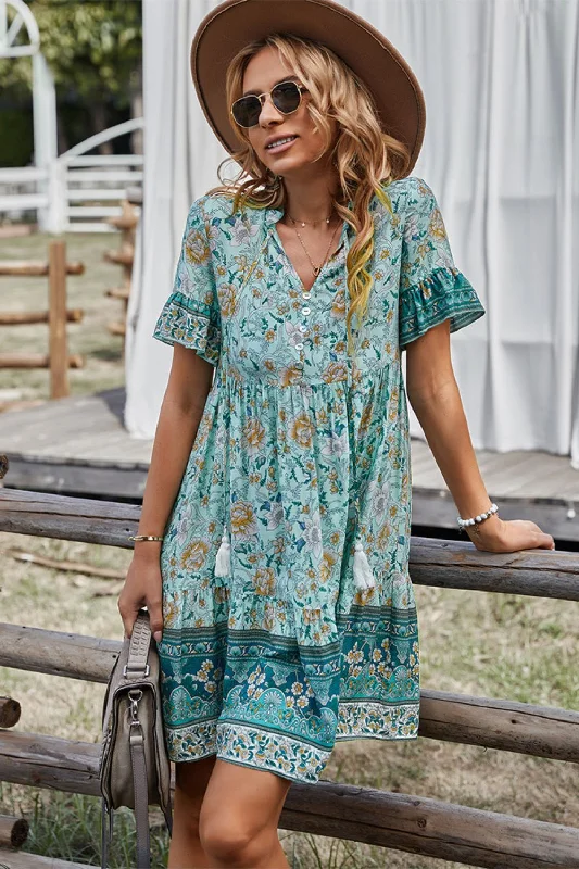 Printed Bohemian Style Tie Neck Flounce Sleeve Mini Dress Cozy A-Line Mini Dress