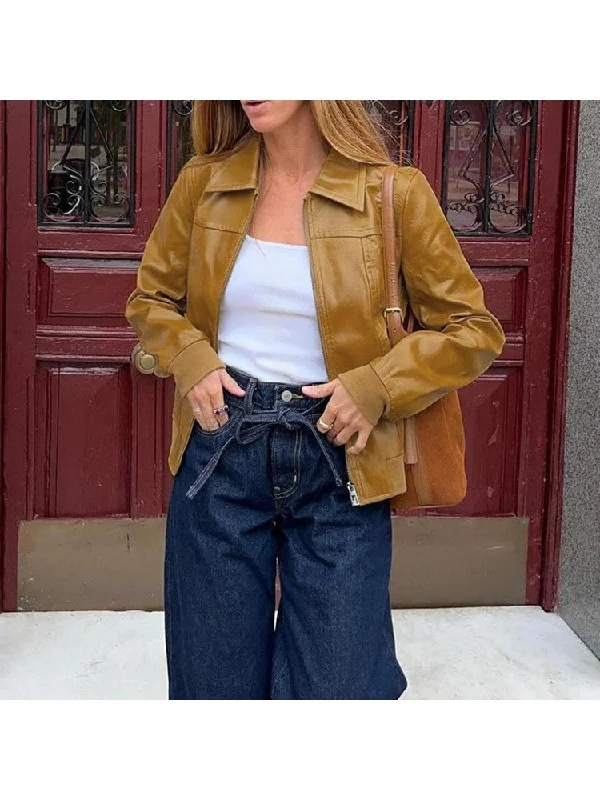 PU Patchwork Lapel Zipper Jackets Cardigan Sweater Pullover