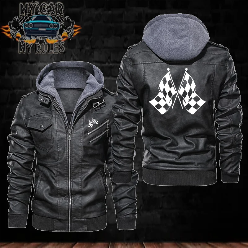 Racing Checkered Flag Leather Jacket Wool Fabric Cashmere Fabric Tweed Fabric