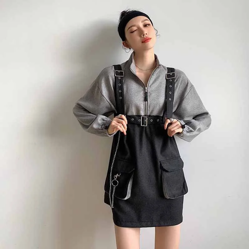 hoombox  Retro Vintage Women Gothic Girls Punk Mini Dress High Waist Long Sleeve Hat Collar Sexy Gry Black Lolita Plus Size Jurken Casual Button-Up Mini Dress