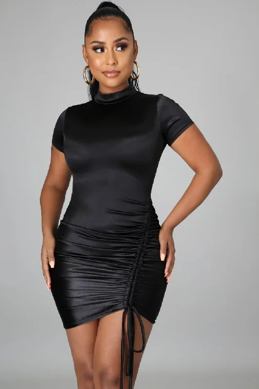 Sade Ruched Satin Mini Dress Black Fashionable Pleated Mini Dress