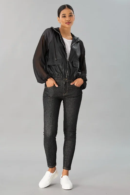 Sheer Sleeve Leather Hooded Jacket Front Pockets Side Pockets Patch Pockets