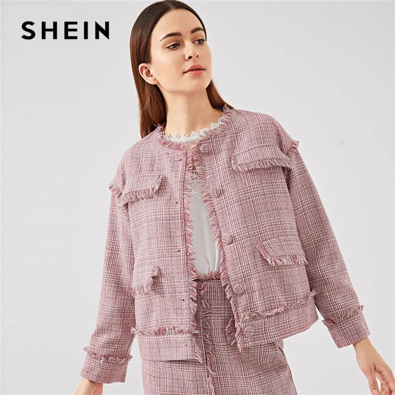SHEIN Pink Office Lady Frayed Edge Trim Button Up Plaid Single Breasted Highstreet Jacket Tiered Jacket Buttoned Jacket Zippered Jacket