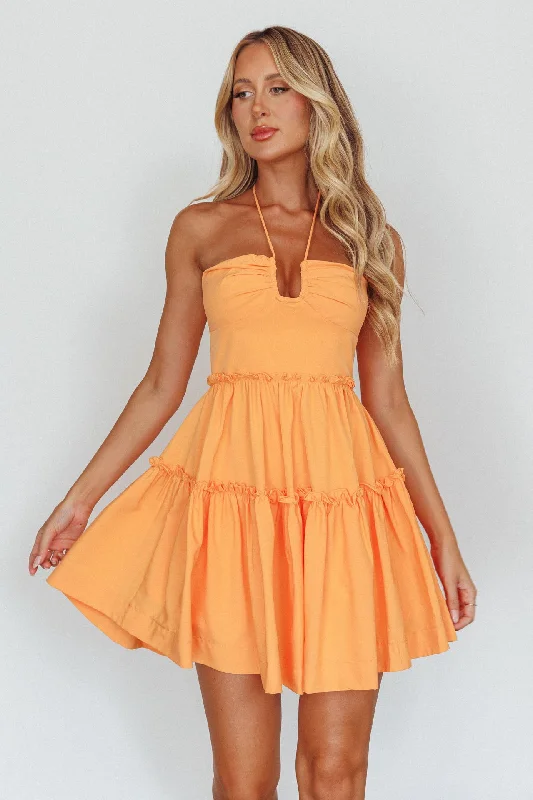 Sherbet Sunset Tied Neck Mini Dress Orange Stylish Short Sleeve Mini Dress