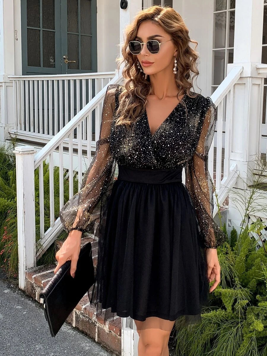 Shimmering Mesh Sleeves Black Mini Dress Classic Striped Mini Dress