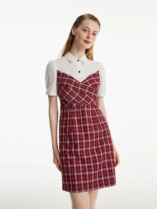 Shirt Plaid Patchwork Mini Dress Stylish Sweetheart Mini Dress