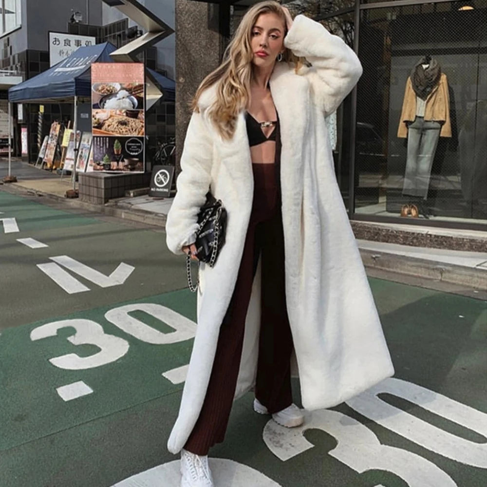 Slim Elegant Warm Street Faux Rabbit Female Long Fashion Women's Jacket Boat Neck Shawl Collar Notched Collar