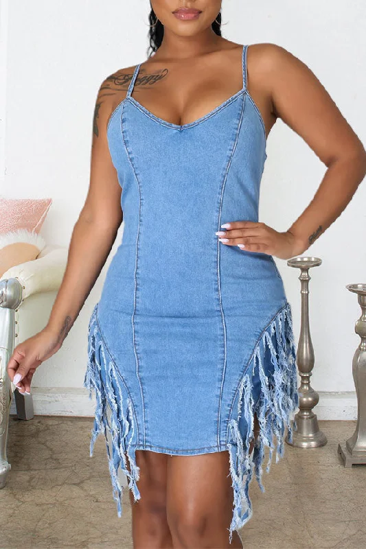 storexq Solid Color Feminine Tassel Mini Dress Stylish Puff Sleeve Mini Dress