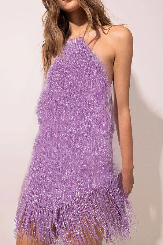 storexq Solid Color Smart Halter Collar Tassel Mini Dress Elegant Sequin Mini Dress