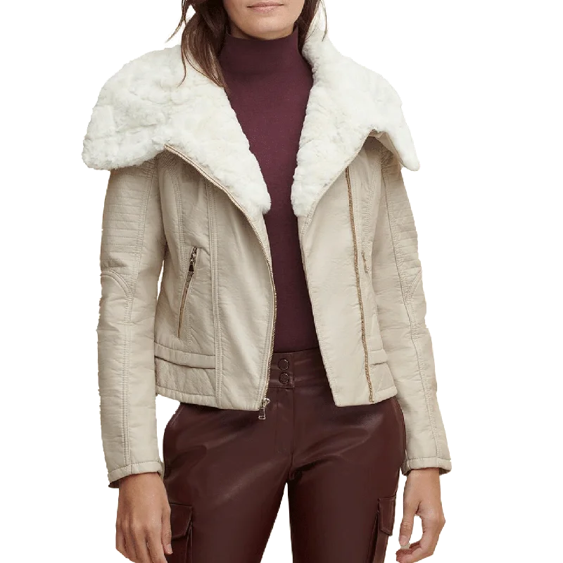 Stylish Cream Color Fitted FUR Shearling Sheepskin Leather Jacket Women Oversized Jacket Tailored Jacket Straight Jacket