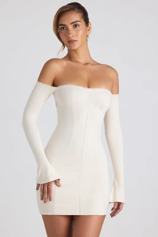 Modal Off-Shoulder Lace-Trim Mini Dress in Ivory Elegant Tulle Mini Dress
