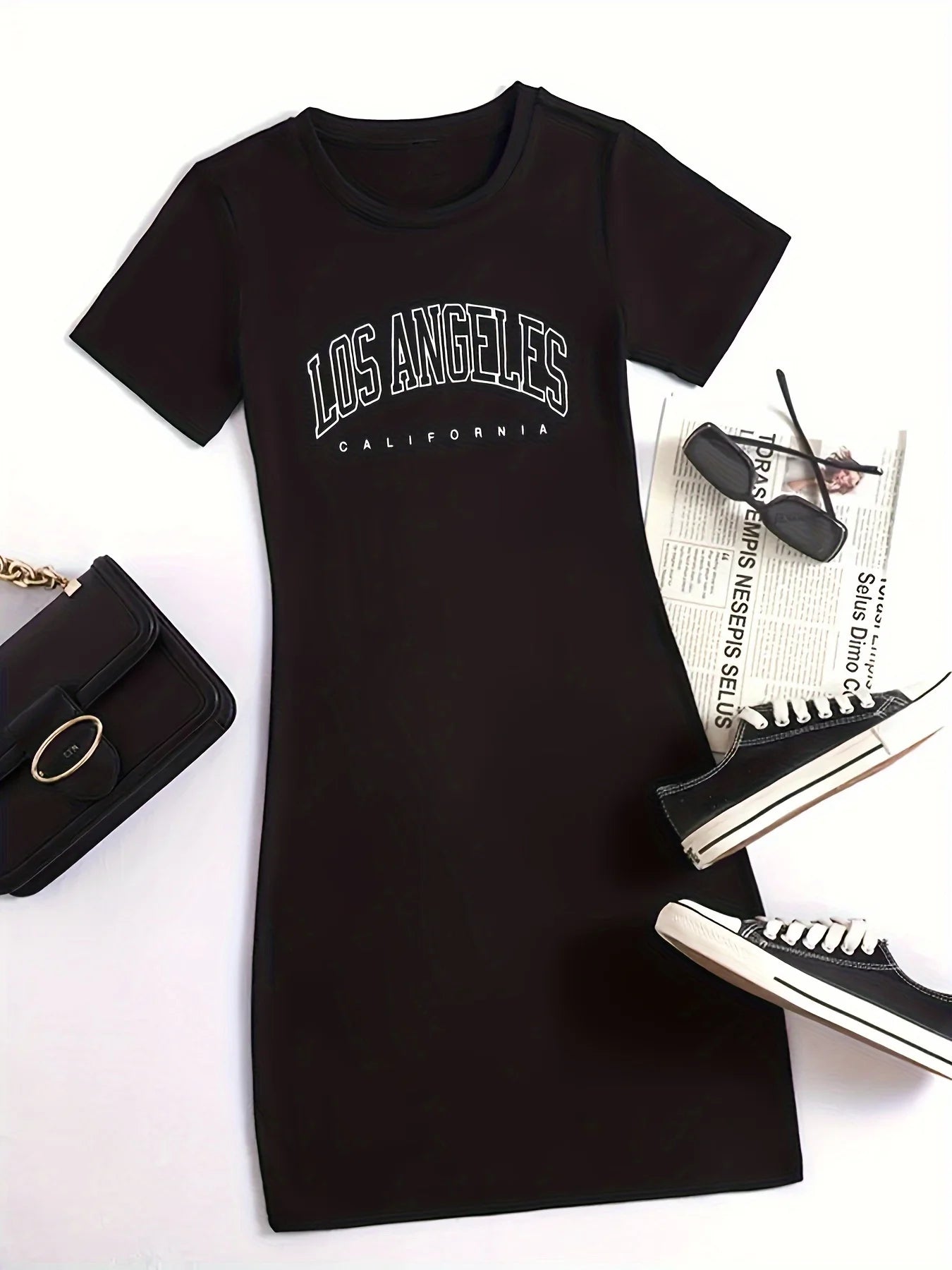 Summer Women's Los Angeles Print Casual Slim Fit Short Sleeve Round Neck T-shirt Mini Dress Cozy Ruched Mini Dress