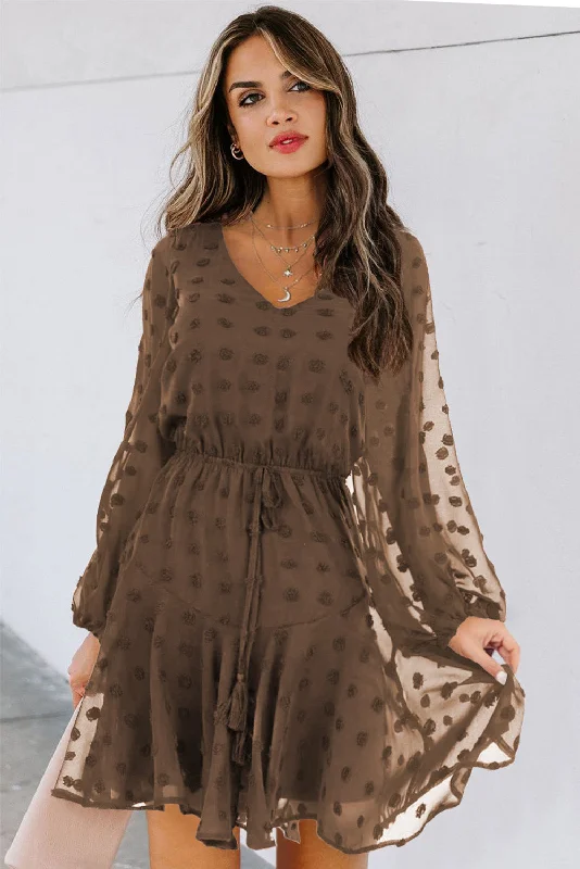 Swiss Dot Long Sleeve Mini Dress with Waist Tie Fashionable Polka Dot Mini Dress