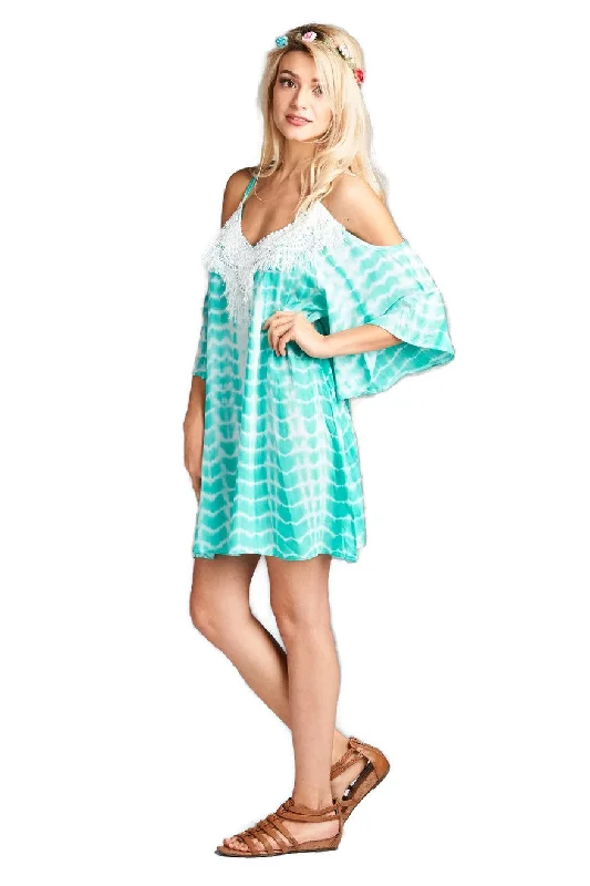 Tie Dye & Fringe Mini Dress, Mint Comfortable Ruffle Mini Dress