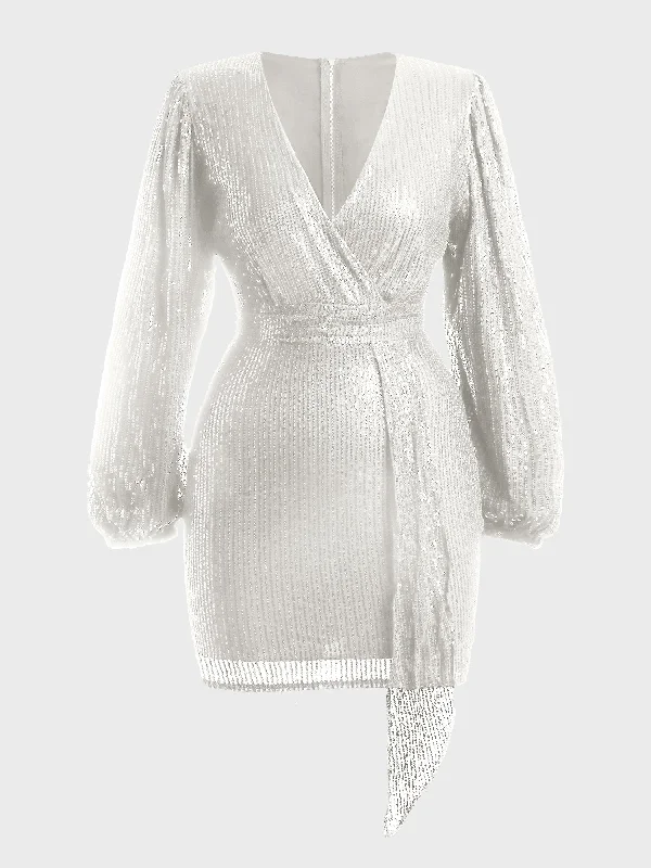 V-Neck Lantern Sleeved Sequined Mini Dress (White) Cozy Cowl Neck Mini Dress