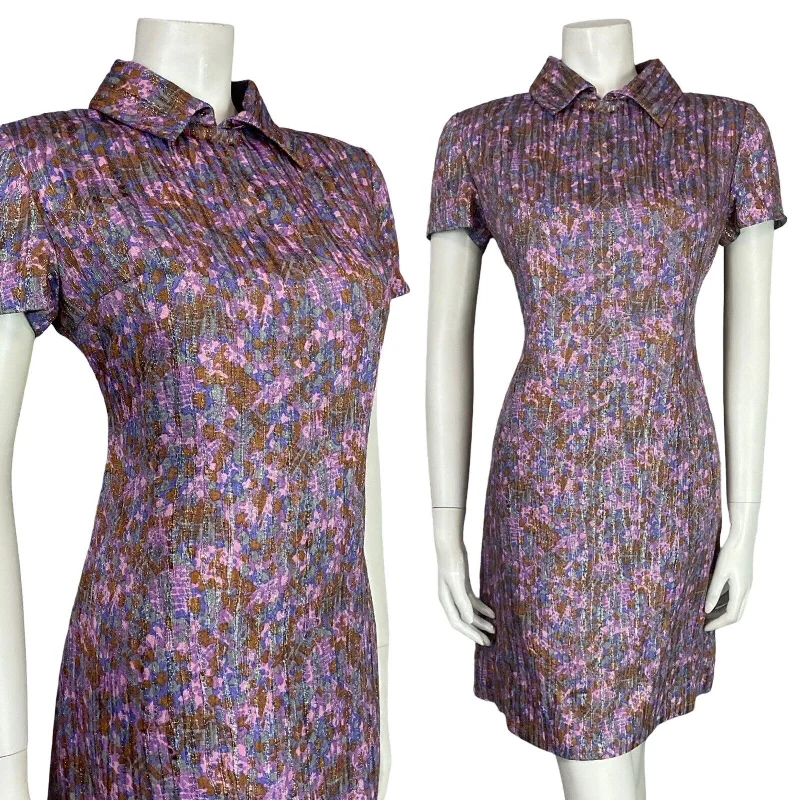 VTG 60S MOD IRIDESCENT METALLIC PURPLE PINK SPARKLY PARTY SHIRT MINI DRESS 10 12 Chic Sleeveless Mini Dress
