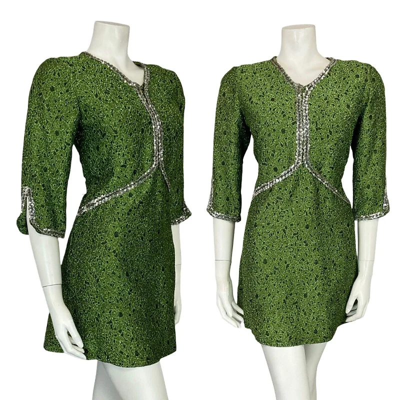 VTG 60S V NECK HALF SLEEVE GREEN SILVER SEQUIN  LUREX PARTY MINI DRESS 10 Trendy Cut-Out Mini Dress