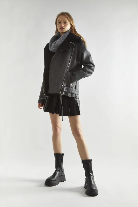 Washed Black Leather Midi- Jacket Collared Jacket Crew Neck Jacket Turtle Neck Jacket