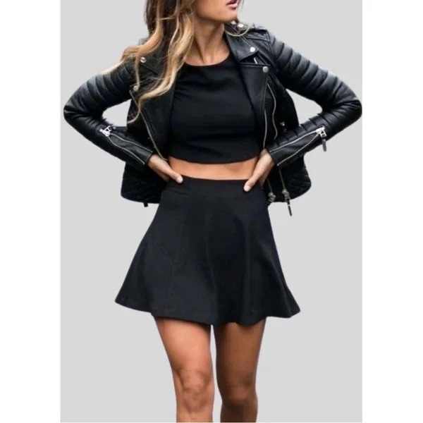 Women’s Lambskin Leather Quilted Motorcycle Jacket WJ070 Welt Pockets Slit Pockets Flap Pockets