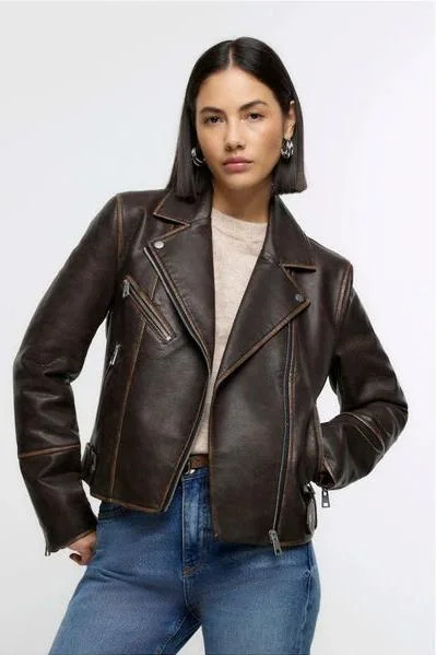 Women’s Lambskin Rub Off Dark Brown Leather Jacket WJ073 One-Shoulder Jacket Off-the-Shoulder Jacket Asymmetrical Jacket