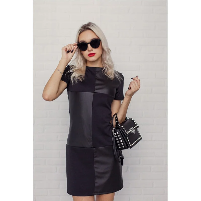 Women Vintage Leather Patchwork Elegant Office Dress Long Sleeve O neck Solid Casual Mini Dress 2020 Autumn New Fashion Dress Chic Mini Dress with V-Neck
