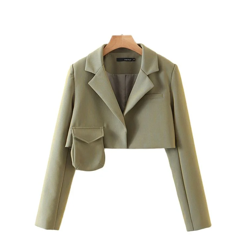 Vintage Pocket Blazer Long Sleeve Notch Collar Cropped Jacket Outwear Cardigan Sweater Pullover