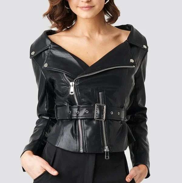 Women's Cropped Lambskin Leather Belted Moto Jacket WJ071 Herringbone Jacket Houndstooth Jacket Plaid Jacket