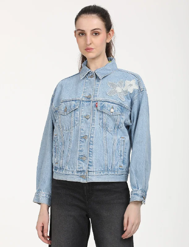 Women's Floral Print Blue Spread Collar Trucker Jacket Appliqued Jacket Beaded Jacket Sequined Jacket