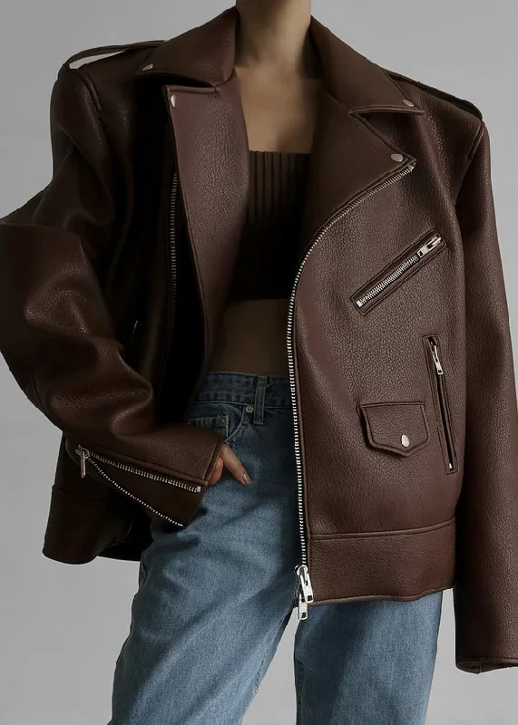 Women's Oversized Brown Leather Jacket with Zipper Details WJ069 Zip Front Button Front Snap Front Women's Oversized Brown Leather Jacket with Zipper Details WJ069 Zip Front Button Front Snap Front