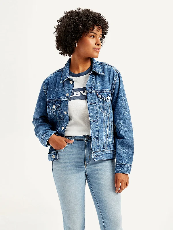 Women's Paisley Print Blue Spread Collar Trucker Jacket A-Line Jacket Boat Neck Shawl Collar