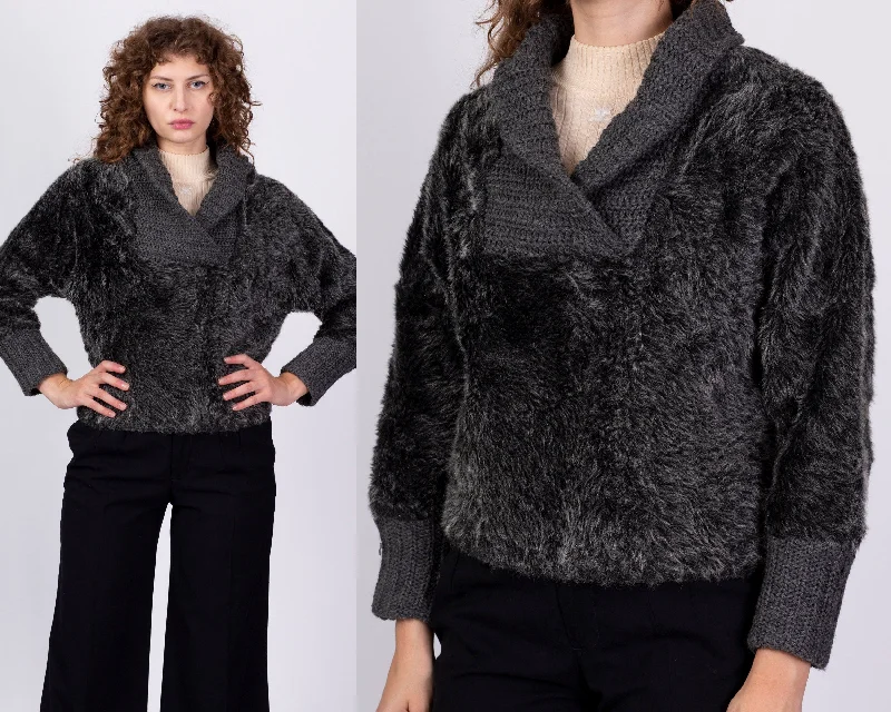 1930s Fuzzy Grey Shawl Collar Sweater - Medium Casual Formal Business