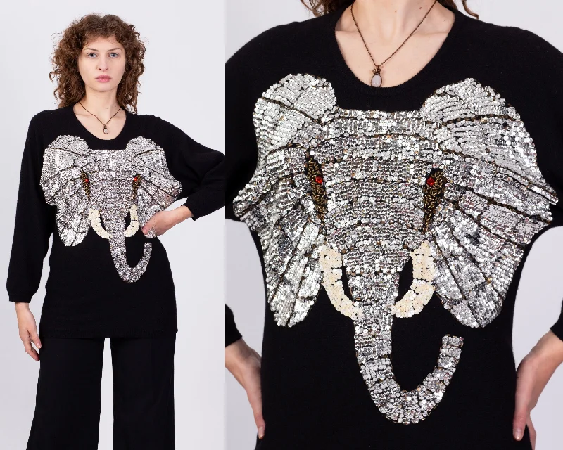 80s Black Angora Sequin Elephant Sweater - Small to Medium Embroidered Appliqued Beaded