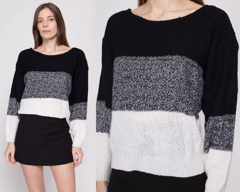 80s Color Block Knit Sweater - Medium Fleece Sweater Nylon Polyester